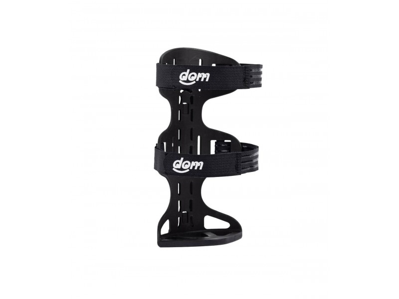 Black DOM dual-bottle cage for bicycles, featuring two strap-mounted holders and lightweight plastic construction.