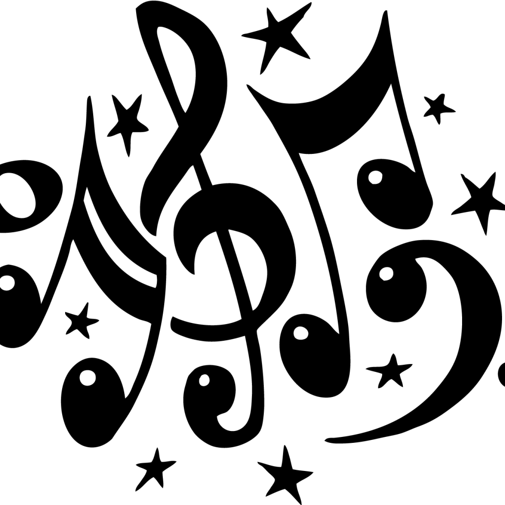Black-and-white stylized musical notes and stars in a dynamic, artistic arrangement.