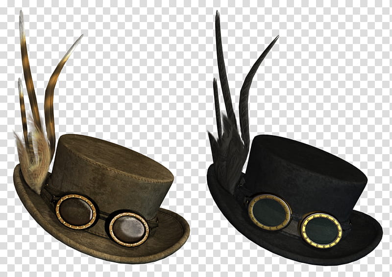 Two steampunk top hats with goggles and feathers-one brown, one black-on transparent background.