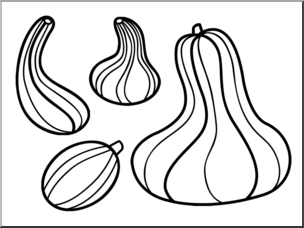 Black-and-white line drawing of four distinct gourds: elongated, bulbous, round, and large ridged varieties.