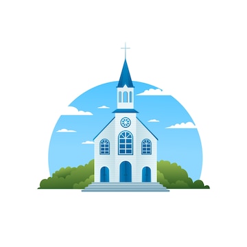 White church with blue steeple and arched windows, set against a blue sky with clouds and green bushes.