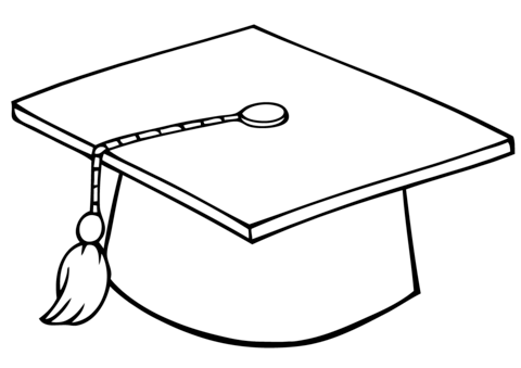 Simple line drawing of a graduation cap with tassel hanging to the side.
