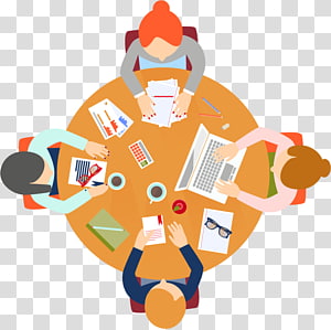 Top-down view of four diverse professionals collaborating around a round table with laptops, documents, and coffee.
