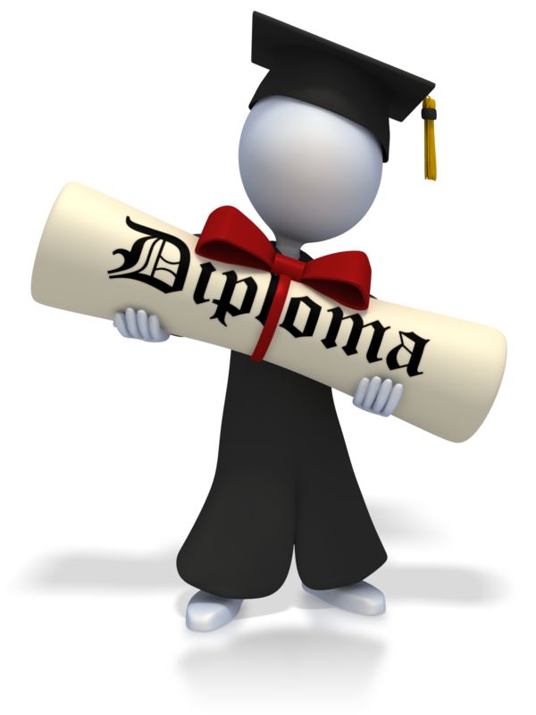 3D graduate figure in cap and gown holding a diploma scroll with red ribbon.