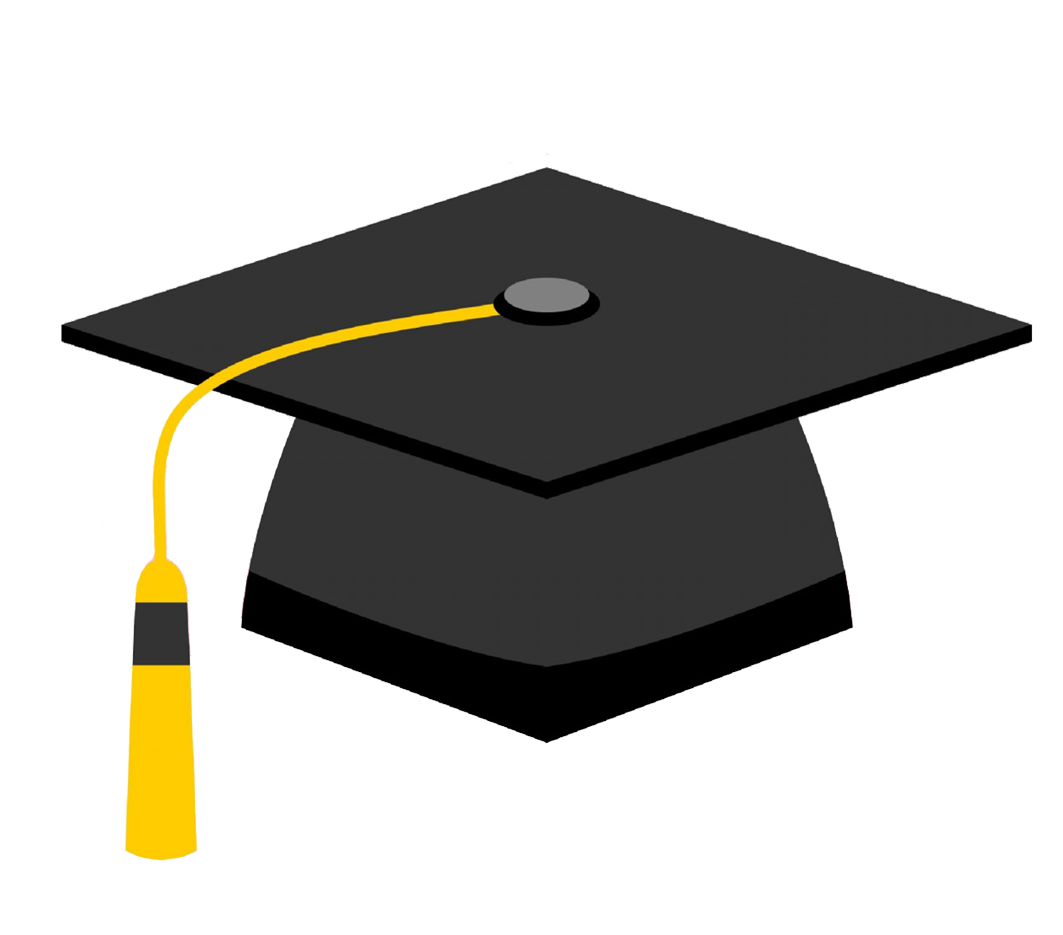 Black graduation cap with yellow tassel, symbolizing academic achievement and commencement.
