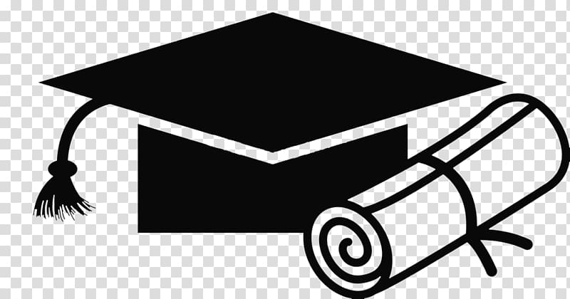 Black graduation cap with tassel and rolled diploma on transparent background.