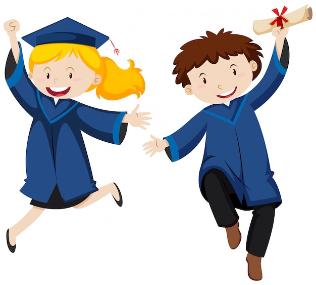 Two joyful cartoon graduates in blue gowns jumping with diplomas and caps.