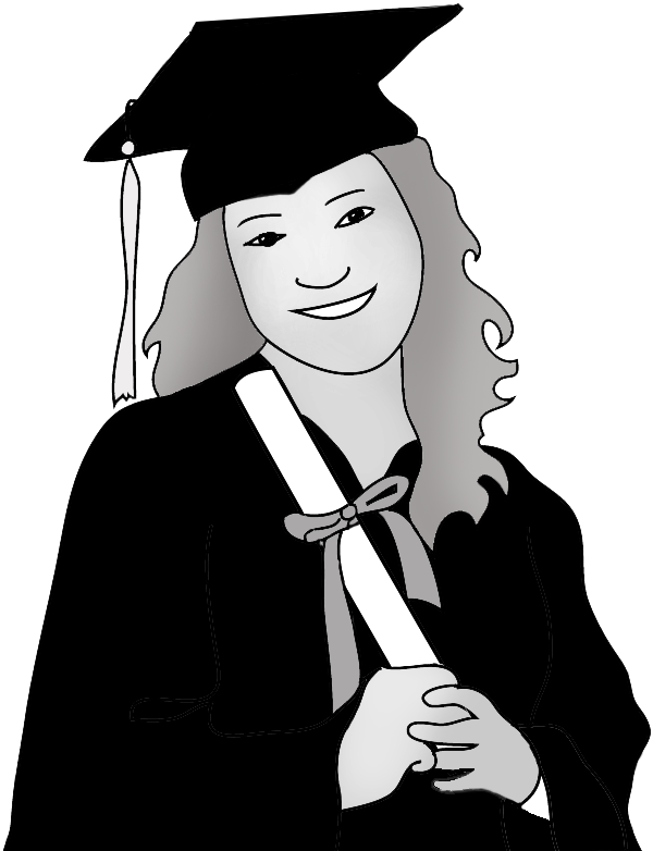 Smiling graduate in cap and gown holding diploma scroll, grayscale illustration.