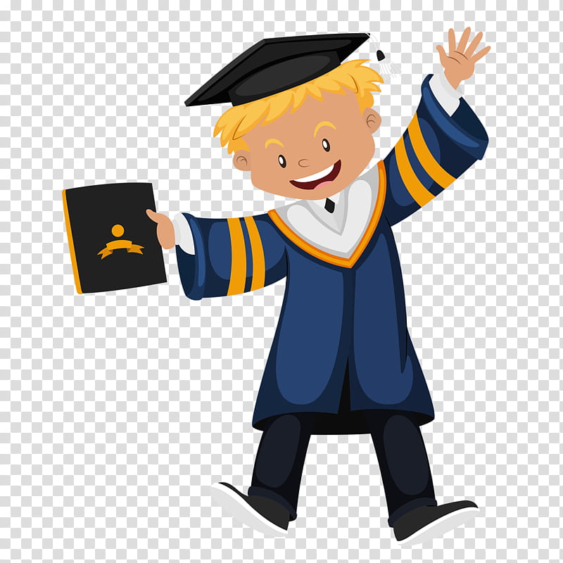Happy cartoon graduate boy in blue gown and cap holding diploma, waving joyfully.
