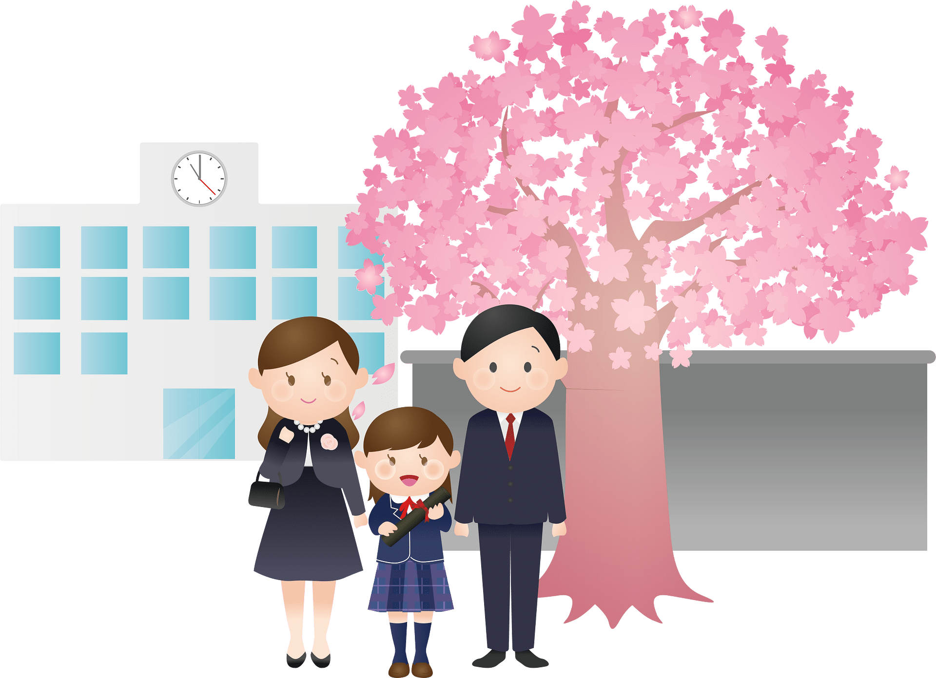 A family of three-mother, father, and schoolgirl in uniform-pose under a blooming cherry blossom tree outside a school building.