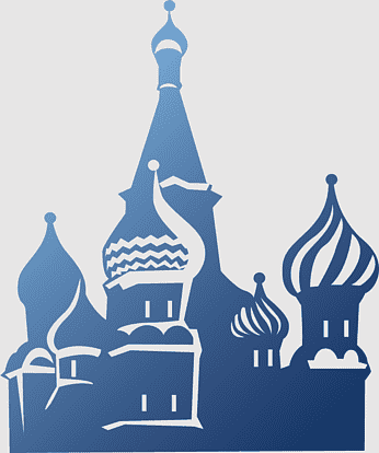 Stylized blue silhouette of Saint Basil’s Cathedral in Moscow with iconic onion domes and ornate spires.
