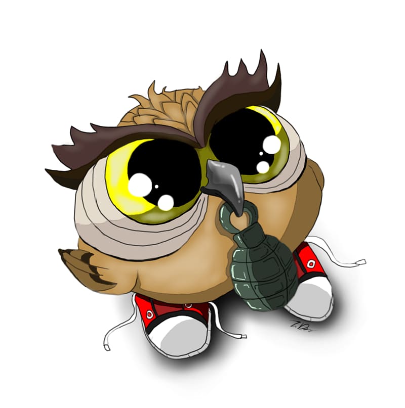 Chibi-style owl with huge yellow eyes, bandages, red sneakers, and holding a hand grenade.