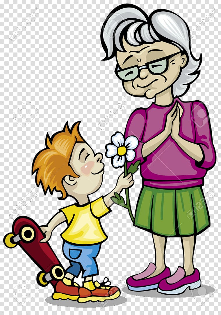 A smiling boy offers a daisy to his grandmother while holding a skateboard; she gratefully accepts with hands clasped.