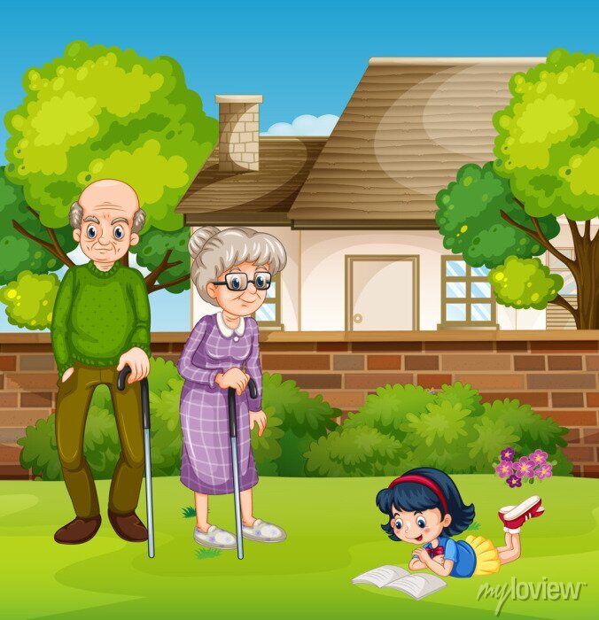 Elderly couple with canes standing in a garden while a young girl reads on the grass near their home.