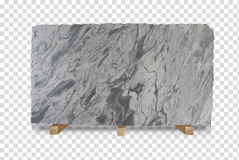 Gray and white veined marble slab with natural swirling patterns, displayed on wooden supports.