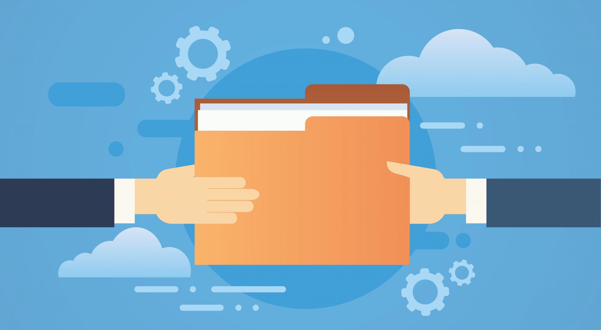 Two hands exchanging an orange folder against a blue tech-themed background with gears and clouds.