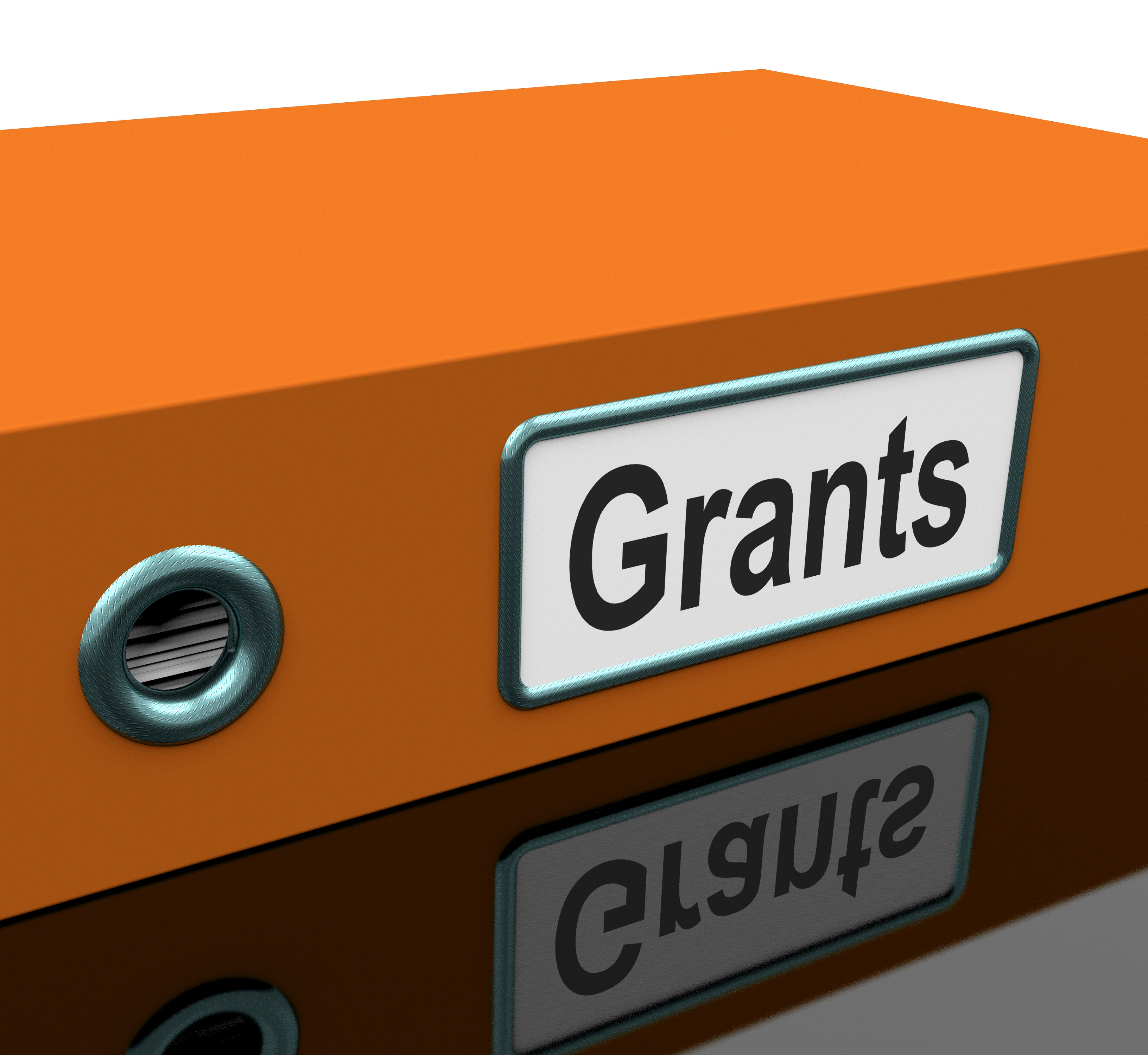 Orange file folder labeled "Grants" with metallic ring binder and reflective label.