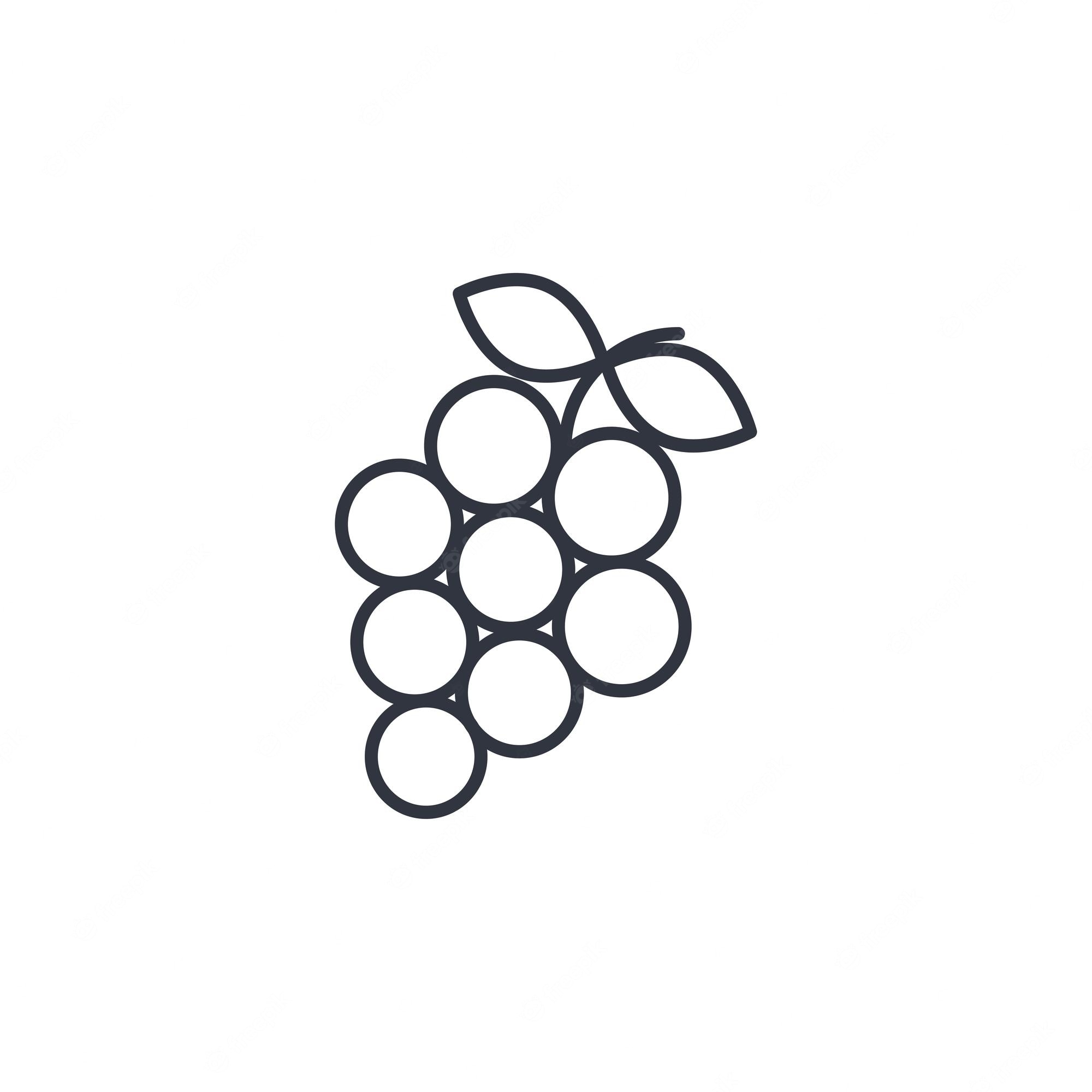 Line art icon of a grape cluster with two leaves, minimalist black outline on white background.