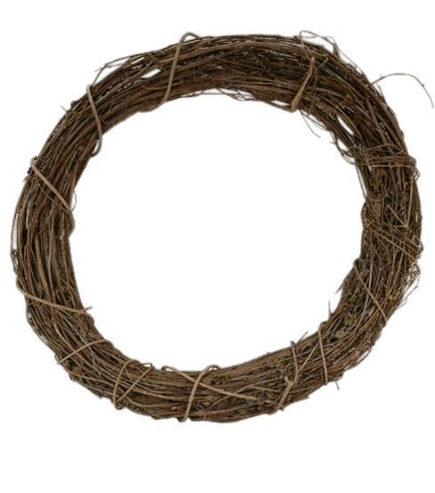 A rustic circular wreath crafted from dried twigs and bound with natural fiber string, set against a green background.
