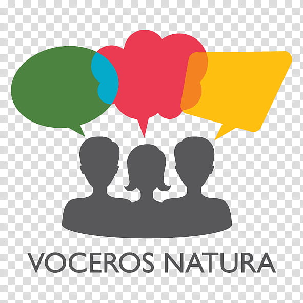 Three silhouetted people with colorful speech bubbles above them, labeled "VOCEROS NATURA".