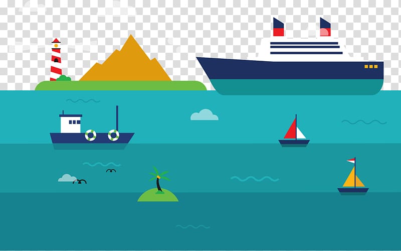 Colorful flat-style illustration of ocean scene with cruise ship, sailboats, lighthouse, island, and mountain.