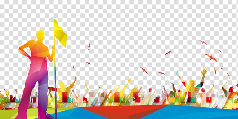 Silhouetted leader holding flag before vibrant crowd with birds flying overhead, colorful geometric design on transparent background.