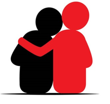 Red and black stylized figures embracing in a supportive hug, symbolizing empathy, unity, or emotional support.