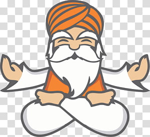 Cartoon sage with orange turban and white beard meditating in lotus pose.