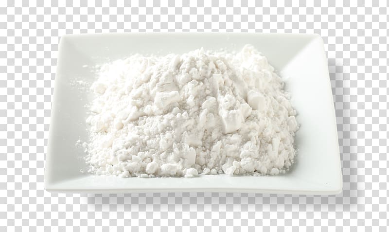 White fine powder, likely cornstarch or flour, piled on a square white ceramic dish against transparent background.