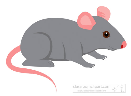 Gray cartoon mouse with pink ears and tail, side profile on white background.