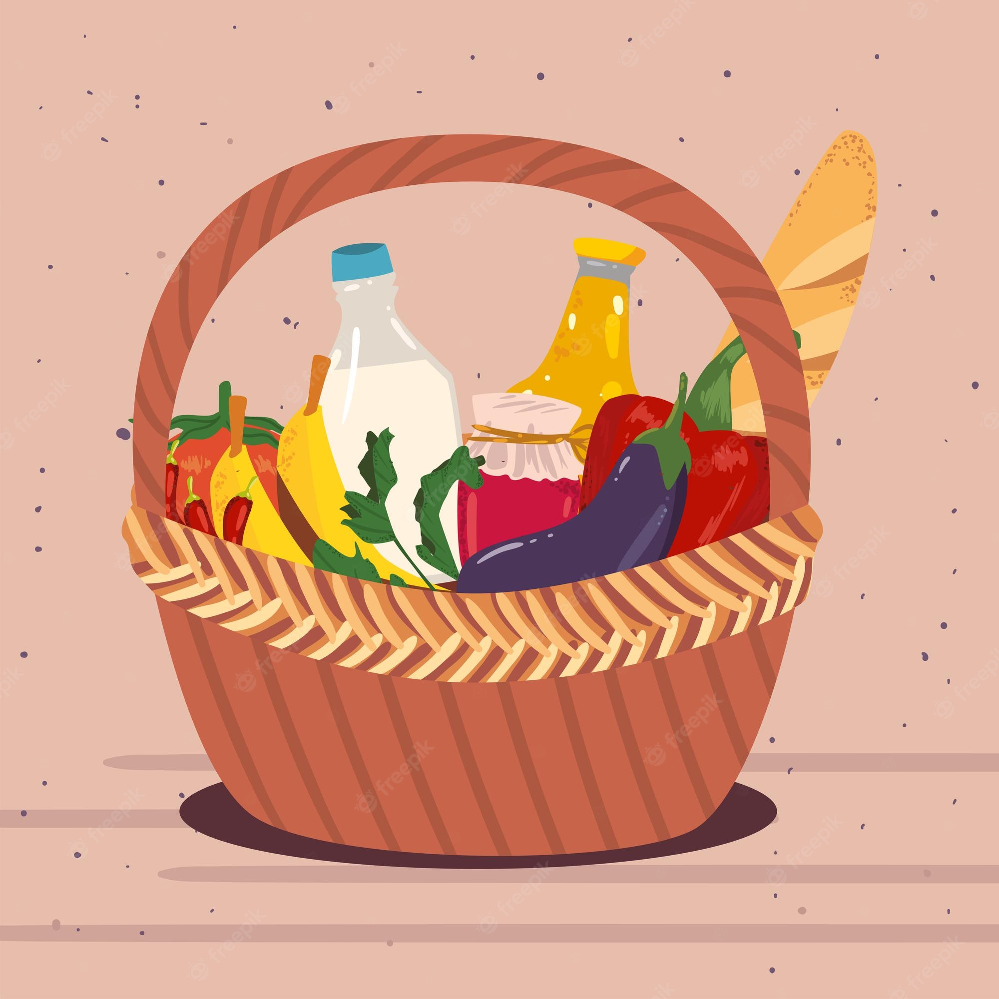 Fresh Grocery Basket Illustration - Healthy Food & Pantry Staples