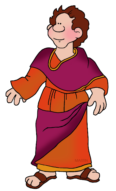 Cartoon illustration of a smiling Roman boy in traditional purple and orange toga with sandals.