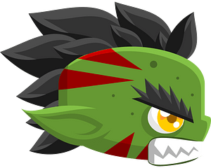Green cartoon monster with spiky black hair, red stripes, and fierce yellow eyes.