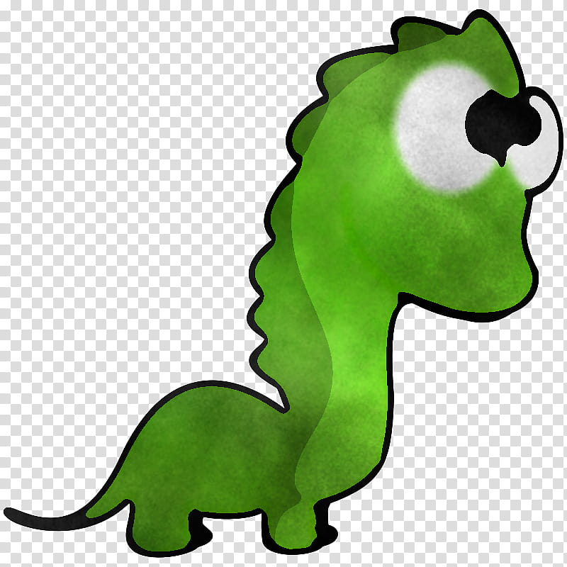 A cute green cartoon dinosaur with large eyes and a spiky back, standing upright on a transparent background.