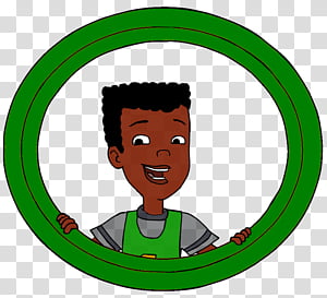 A smiling Black boy with short curly hair peeks through a green circular frame, wearing a green apron over a gray shirt.