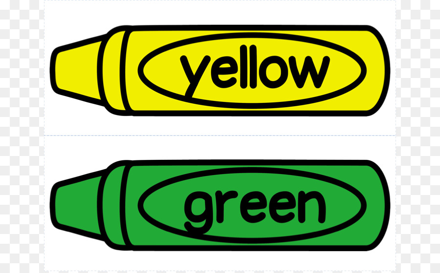 Illustration of a yellow crayon labeled "yellow" above a green crayon labeled "green", for color learning.