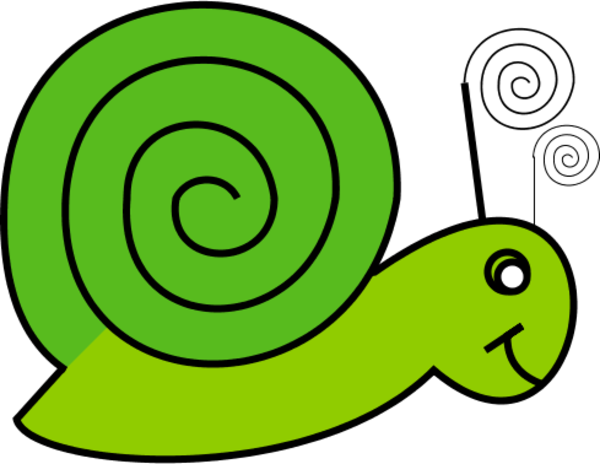 Bright green cartoon snail with a smiling face and spiral shell on black background.