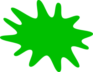 Bright green abstract splat shape with jagged edges on black background, resembling a cartoon explosion or slime blob.