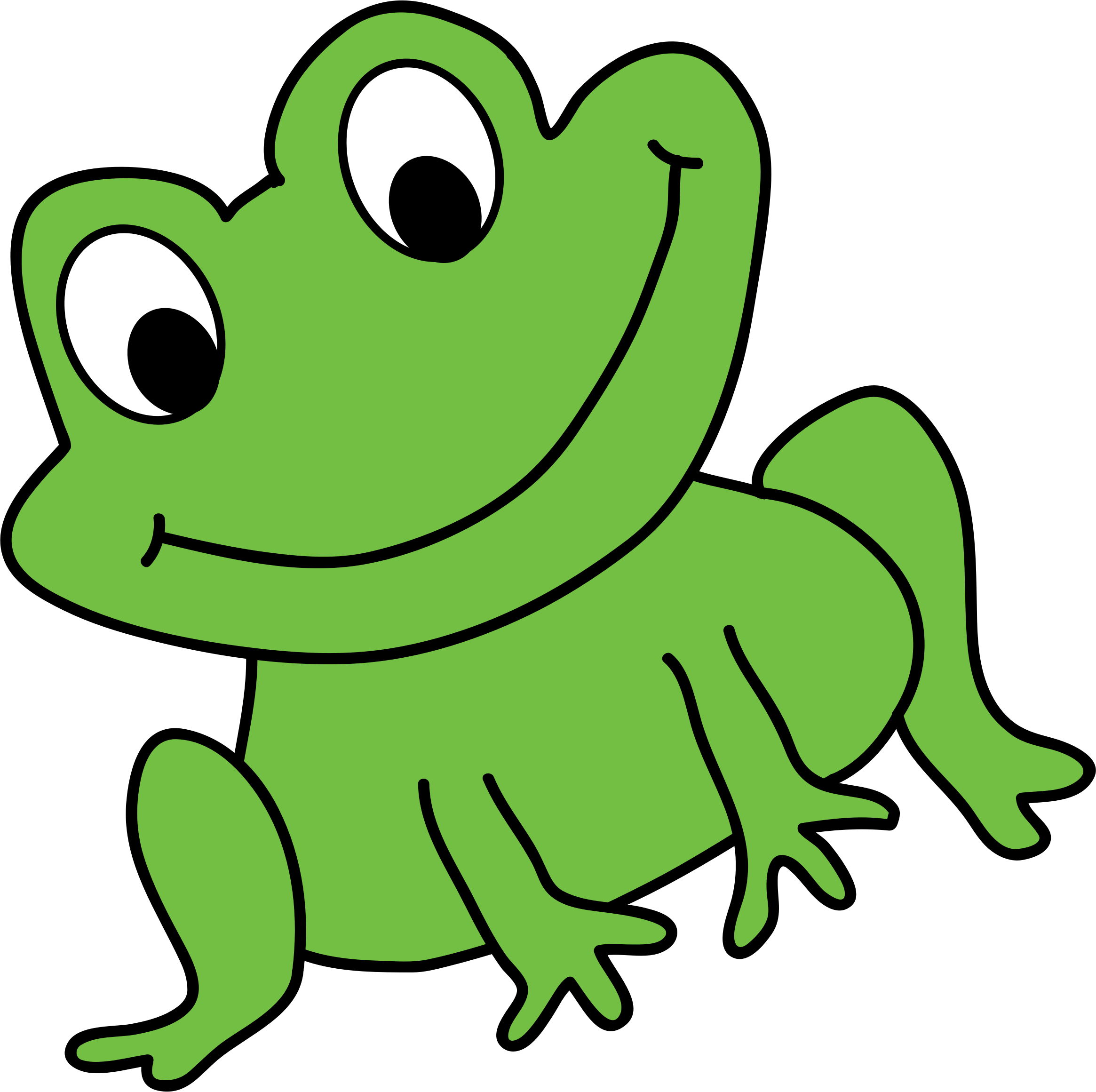 Friendly green cartoon frog with big eyes and a smile, sitting upright on black background.