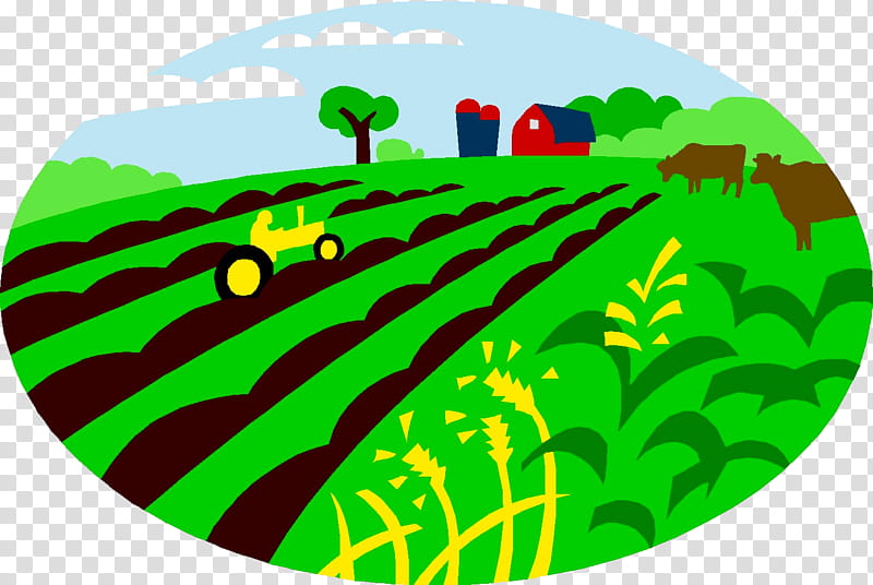 A colorful cartoon farm scene with a yellow tractor plowing green fields, cows grazing, and a red barn under a blue sky.