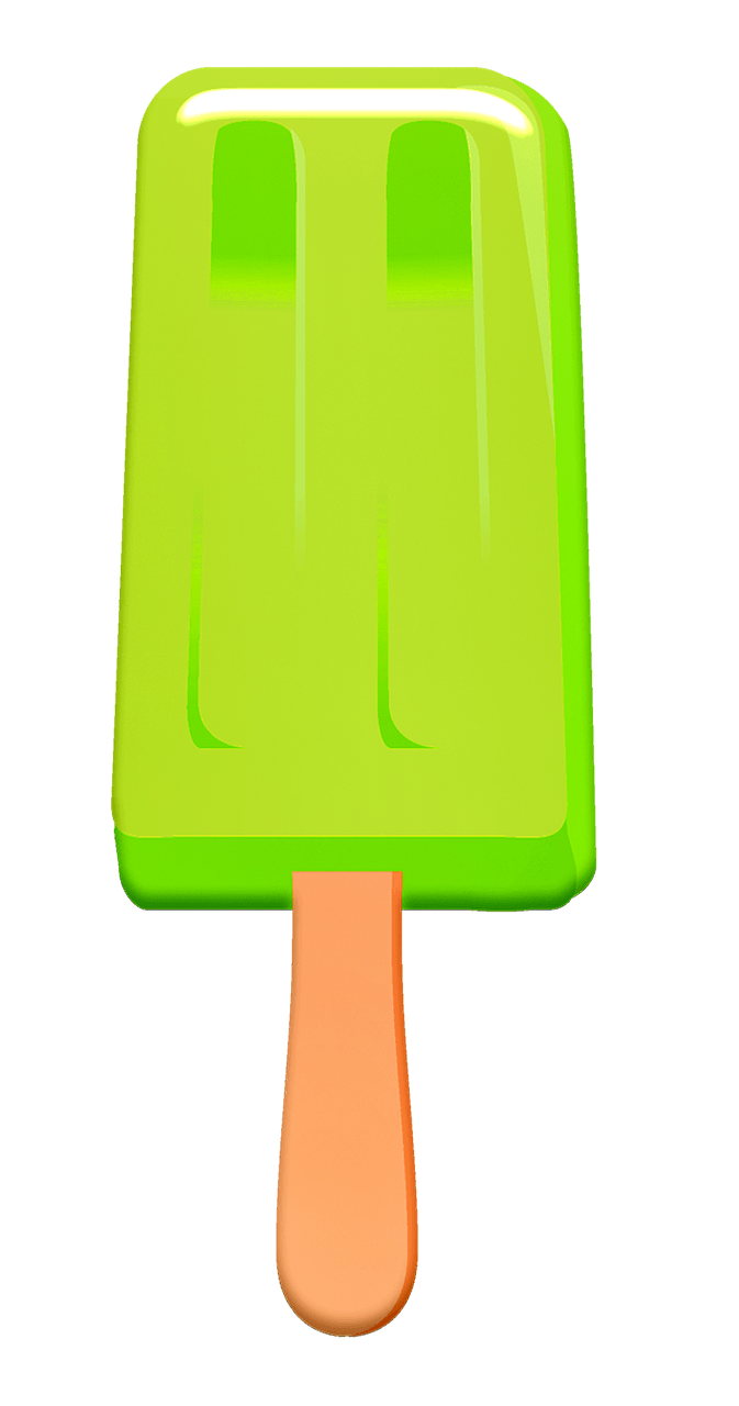 Bright green popsicle with orange stick, glossy surface and vertical grooves.