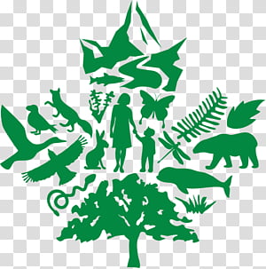Green maple leaf silhouette filled with wildlife, plants, and human figures symbolizing biodiversity and conservation.