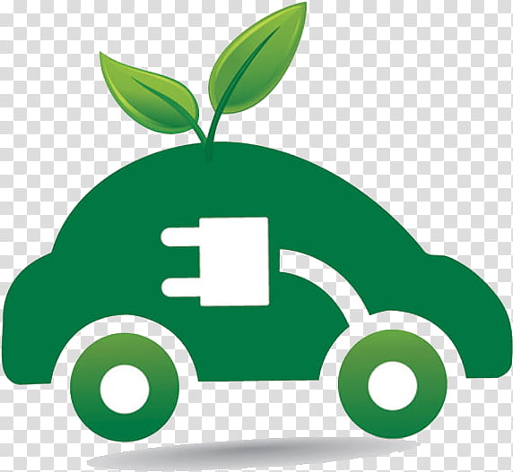 Green electric car with leaf sprout and charging plug symbol, representing eco-friendly transportation.