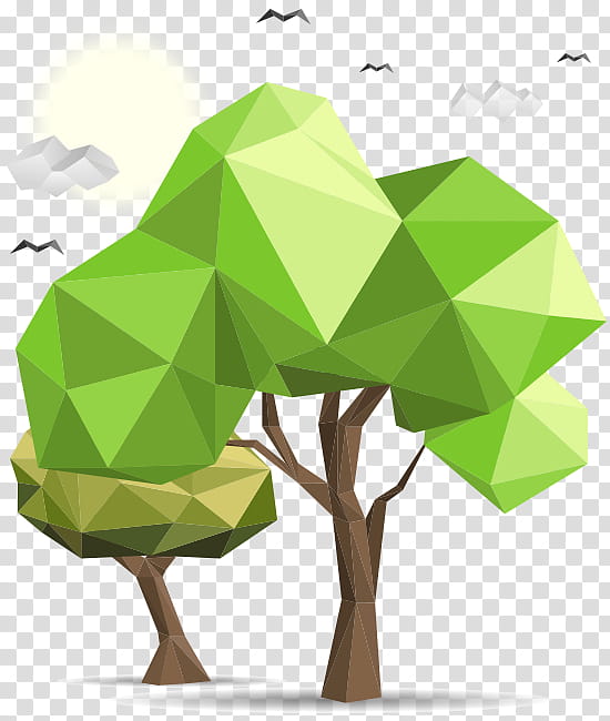 Low-poly stylized green trees with brown trunks under a sunlit sky, birds flying overhead, transparent background.