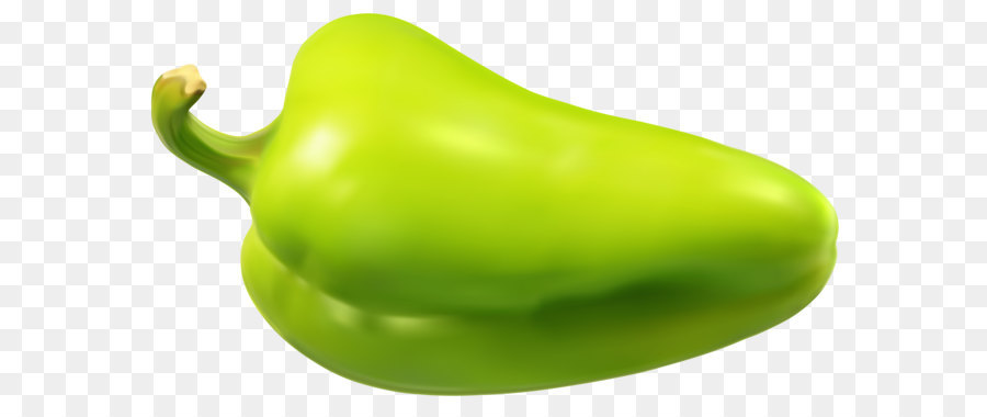 A fresh, glossy green bell pepper with a curved stem, isolated on transparent background.