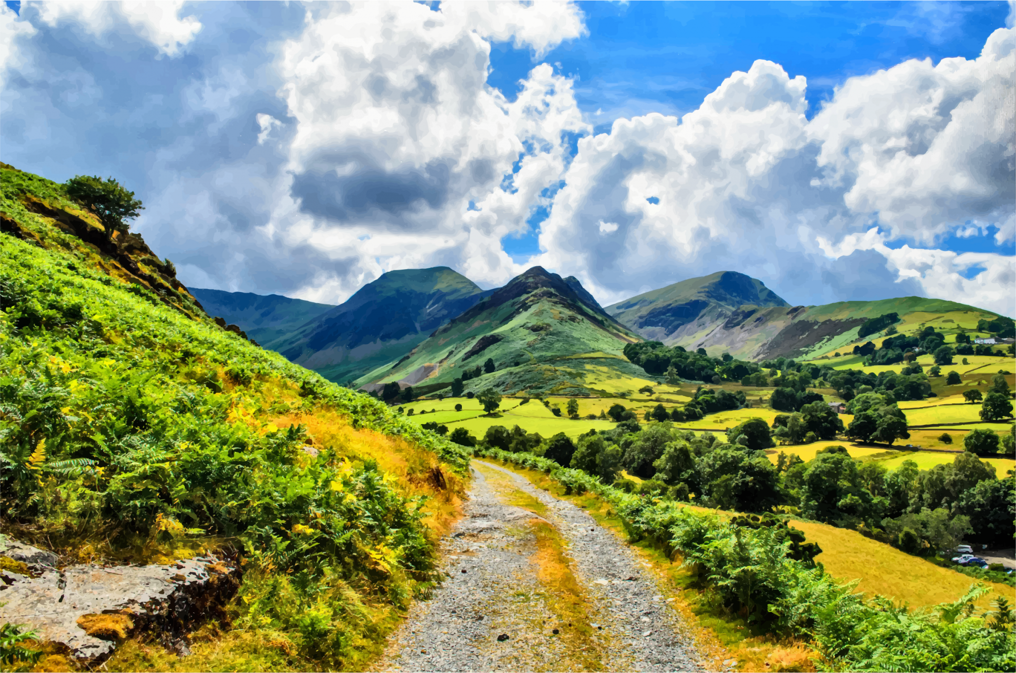 A scenic gravel path winds through lush green hills and valleys under a dramatic cloudy sky, with distant mountains in the Lake District.