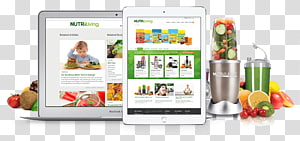 Laptop and tablet displaying a nutrition website beside a blender with fresh fruits and vegetables.