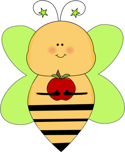 Cute cartoon bee with green wings holding a red apple, smiling with stars above head.