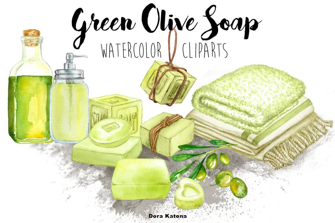 Watercolor illustration of green olive soap bars, bottles, towels, and olive branch by Dora Katona.