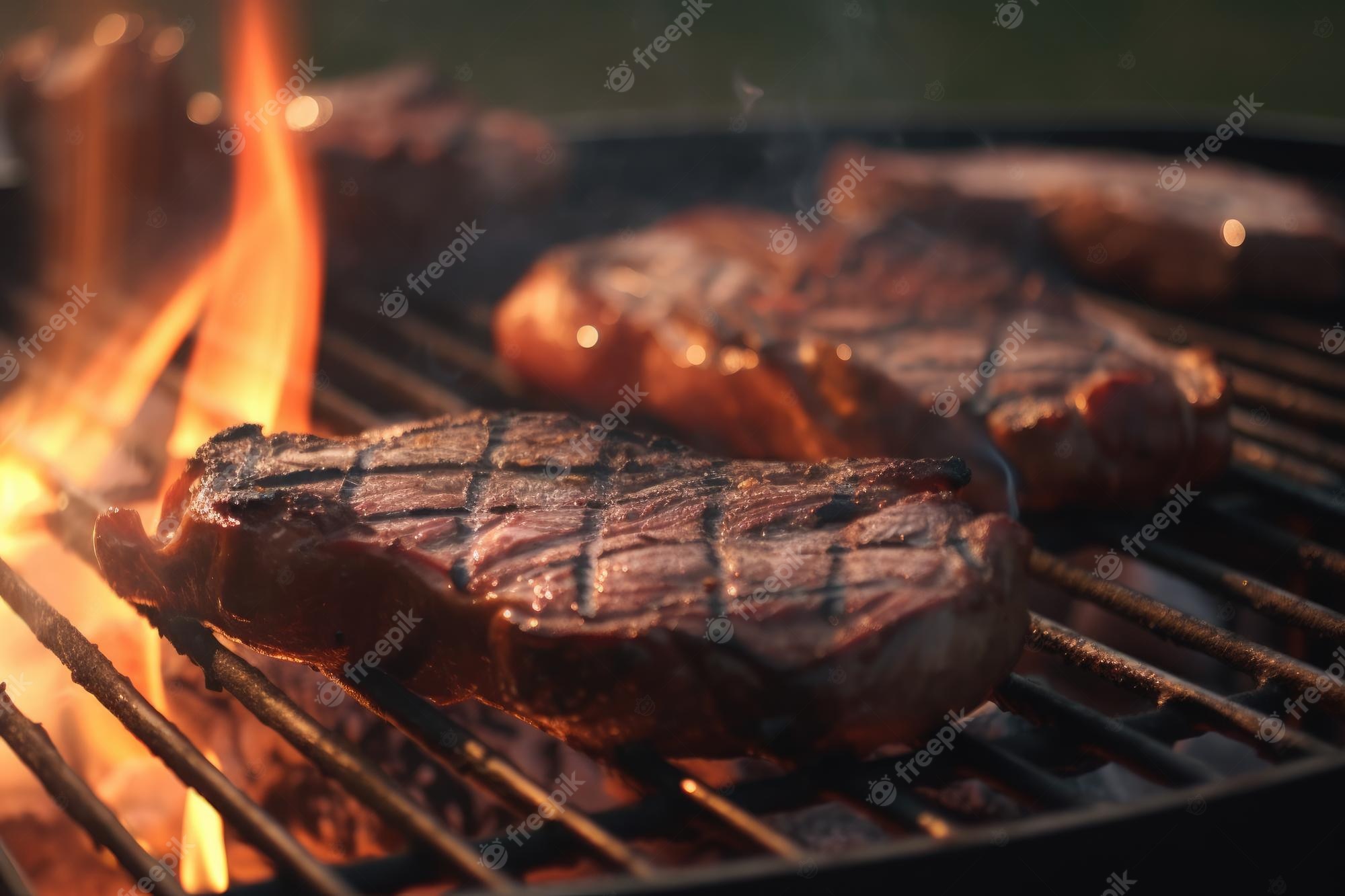 Juicy steak sizzling on a grill with open flames and char marks, evoking outdoor barbecue ambiance.